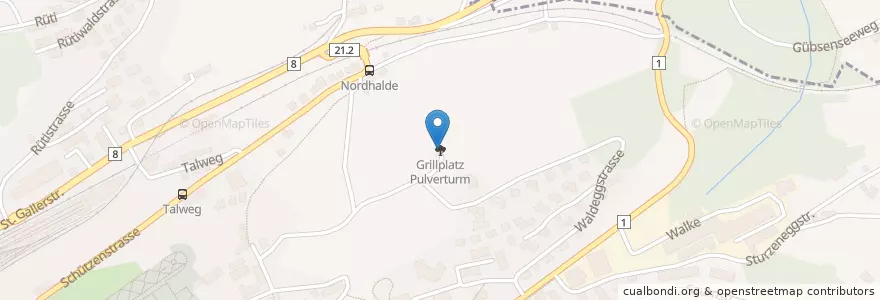 Mapa de ubicacion de Grillplatz Pulverturm en Suisse, Appenzell Rhodes-Extérieures, Saint-Gall, Hinterland, Herisau.
