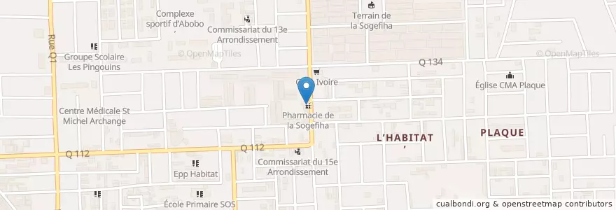 Mapa de ubicacion de Pharmacie de la Sogefiha en コートジボワール, アビジャン, Abobo.