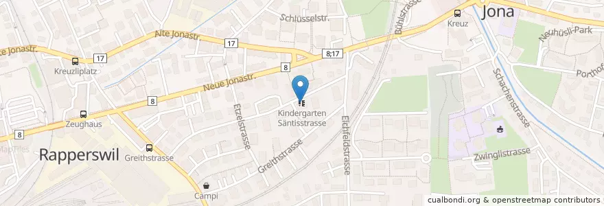 Mapa de ubicacion de Kindergarten Säntisstrasse en 스위스, Sankt Gallen, Wahlkreis See-Gaster, Rapperswil-Jona.