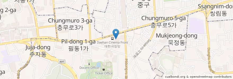 Mapa de ubicacion de Daehan Cinema en South Korea, Seoul, Jung-Gu, Pil-Dong.