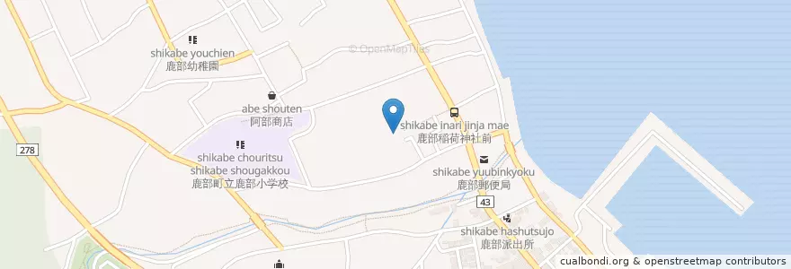 Mapa de ubicacion de 鹿部稲荷神社 en Japan, Präfektur Hokkaido, 渡島総合振興局, 茅部郡, 鹿部町.
