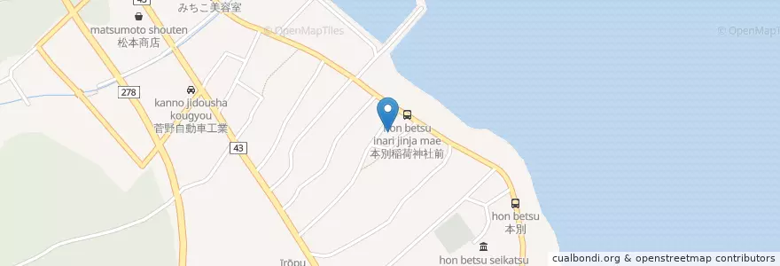 Mapa de ubicacion de 本別稲荷神社 en Japan, Präfektur Hokkaido, 渡島総合振興局, 茅部郡, 鹿部町.
