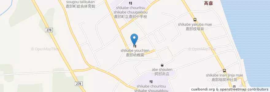 Mapa de ubicacion de 鹿部幼稚園 en Japón, Prefectura De Hokkaidō, 渡島総合振興局, 茅部郡, 鹿部町.
