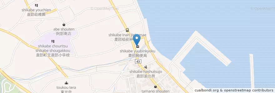 Mapa de ubicacion de 鹿部郵便局 en 일본, 홋카이도, 渡島総合振興局, 茅部郡, 鹿部町.