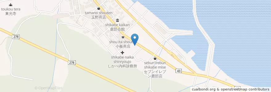 Mapa de ubicacion de 渡島信用金庫 en Япония, Хоккайдо, Округ Осима, Уезд Каябэ, 鹿部町.