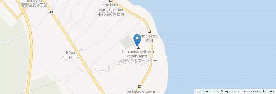 Mapa de ubicacion de 本別生活改善センター en Japan, Präfektur Hokkaido, 渡島総合振興局, 茅部郡, 鹿部町.
