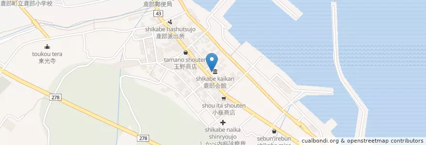 Mapa de ubicacion de 鹿部会館 en Япония, Хоккайдо, Округ Осима, Уезд Каябэ, 鹿部町.