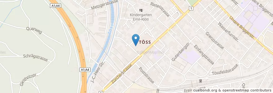Mapa de ubicacion de Post Töss en Suiza, Zúrich, Bezirk Winterthur, Winterthur.