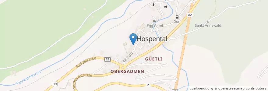 Mapa de ubicacion de Speiserestaurant zum Turm, Pizzeria & Take-Away en Switzerland, Uri, Korporation Ursern, Hospental.