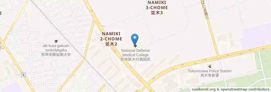 Mapa de ubicacion de 防衛医大付属病院 en Japan, 埼玉県, 所沢市.