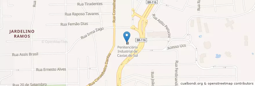 Mapa de ubicacion de Penitenciária Industrial de Caxias do Sul en ブラジル, 南部地域, リオグランデ・ド・スル, Região Geográfica Imediata De Caxias Do Sul, Região Geográfica Intermediária De Caxias Do Sul, カシアス・ド・スル.