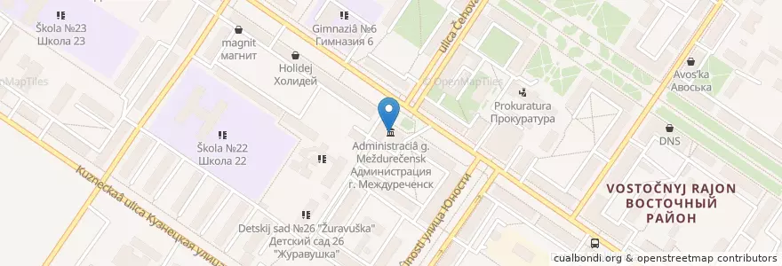 Mapa de ubicacion de Администрация г. Междуреченск en ロシア, シベリア連邦管区, ケメロヴォ州, メシュドゥレチェンスキー管区.