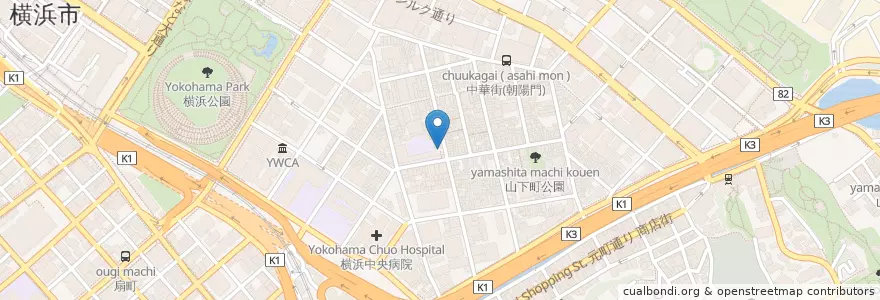Mapa de ubicacion de 関帝廟 en 일본, 가나가와현, 요코하마시, 中区.