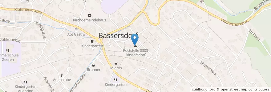 Mapa de ubicacion de Poststelle 8303 Bassersdorf en 스위스, 취리히, Bezirk Bülach, Bassersdorf.