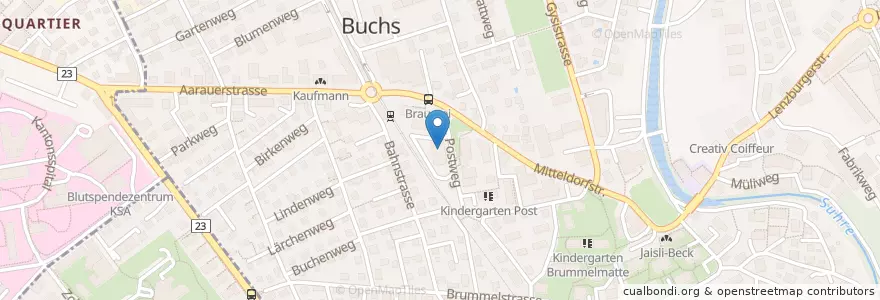 Mapa de ubicacion de Post Buchs AG en Svizzera, Argovia, Bezirk Aarau, Buchs.