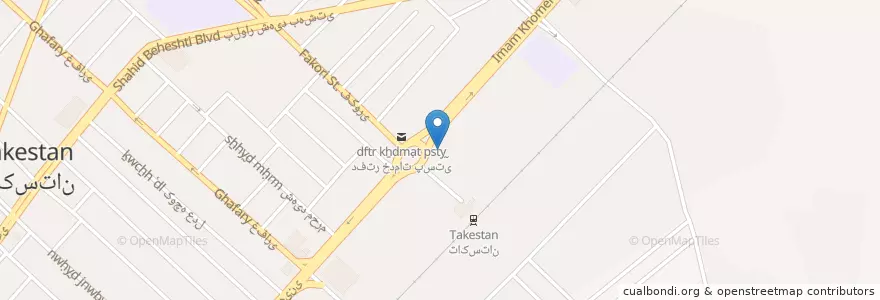 Mapa de ubicacion de بانک قرض الحسنه رسالت en Irán, Qazvin, شهرستان تاکستان, بخش مرکزی شهرستان تاکستان, تاکستان.