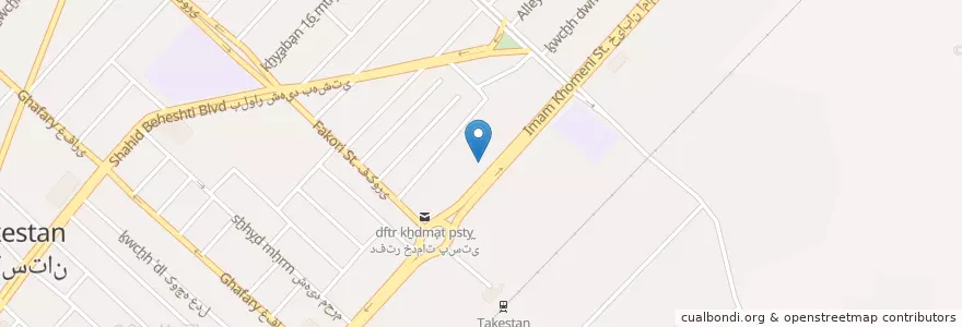 Mapa de ubicacion de بانک صادرات en 이란, استان قزوین, شهرستان تاکستان, بخش مرکزی شهرستان تاکستان, تاکستان.