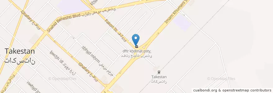 Mapa de ubicacion de دفتر خدمات پستی en Irão, استان قزوین, شهرستان تاکستان, بخش مرکزی شهرستان تاکستان, تاکستان.