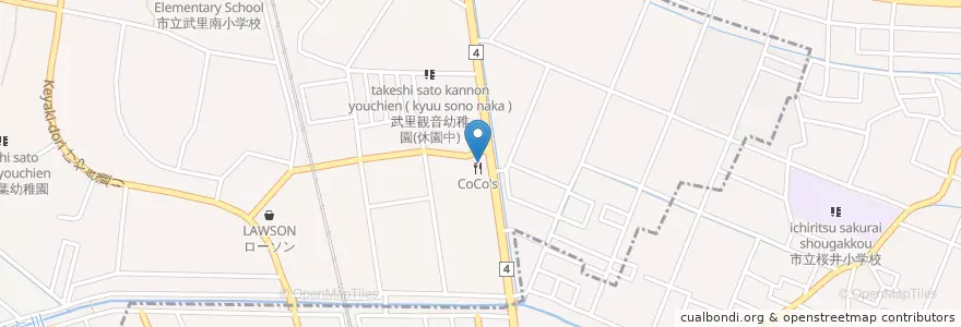 Mapa de ubicacion de ココス en 日本, 埼玉県, 越谷市, 春日部市.