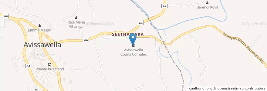 Mapa de ubicacion de Avissawella Courts Complex en Sri Lanka, බස්නාහිර පළාත, සබරගමුව පළාත, කොළඹ දිස්ත්‍රික්කය, කෑගල්ල දිස්ත්‍රික්කය.