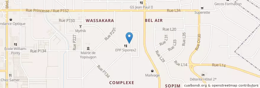 Mapa de ubicacion de lavage en Costa D'Avorio, Abidjan, Yopougon.