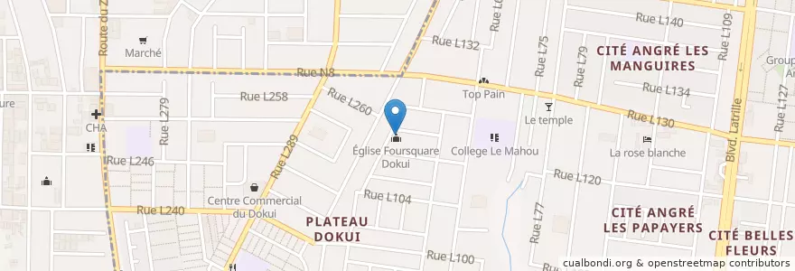 Mapa de ubicacion de Église Foursquare Dokui en Côte D’Ivoire, Abidjan, Cocody.