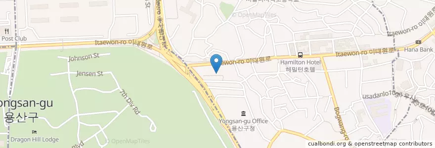 Mapa de ubicacion de The Alley Reataurant Gallery Cafe en 大韓民国, ソウル, 龍山区, 龍山2街洞, 이태원1동.