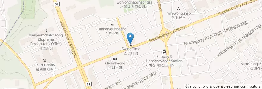 Mapa de ubicacion de 스윙타임 en Südkorea, Seoul, 서초구, 서초3동, 서초동.