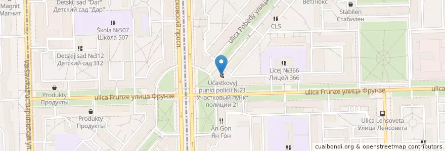 Mapa de ubicacion de Участковый пункт полиции №21 en Russland, Föderationskreis Nordwest, Oblast Leningrad, Sankt Petersburg, Moskauer Rajon.