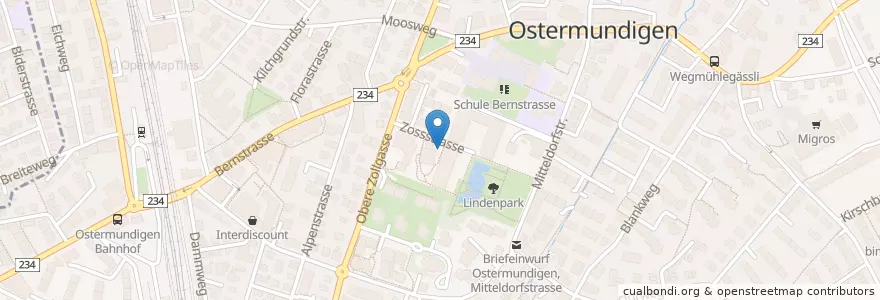 Mapa de ubicacion de Briefeinwurf Ostermundigen, Zossstrasse en スイス, ベルン, Verwaltungsregion Bern-Mittelland, Verwaltungskreis Bern-Mittelland, Ostermundigen.