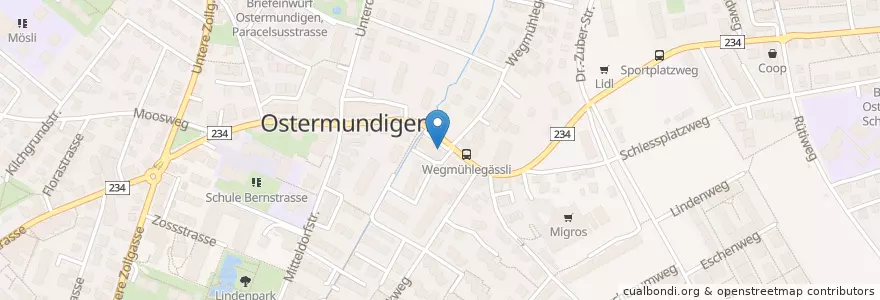Mapa de ubicacion de Briefeinwurf Ostermundigen, Bernstrasse en Suíça, Berna, Verwaltungsregion Bern-Mittelland, Verwaltungskreis Bern-Mittelland, Ostermundigen.