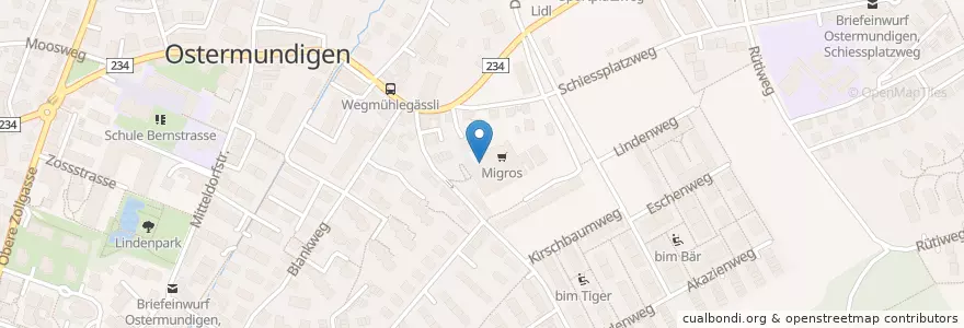 Mapa de ubicacion de Briefeinwurf Ostermundigen, Postagentur Ostermundigen Oberdorf en Suíça, Berna, Verwaltungsregion Bern-Mittelland, Verwaltungskreis Bern-Mittelland, Ostermundigen.