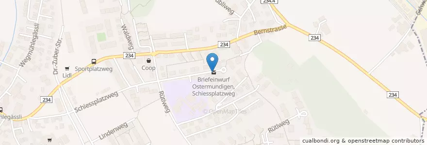 Mapa de ubicacion de Briefeinwurf Ostermundigen, Schiessplatzweg en 스위스, 베른, Verwaltungsregion Bern-Mittelland, Verwaltungskreis Bern-Mittelland, Ostermundigen.