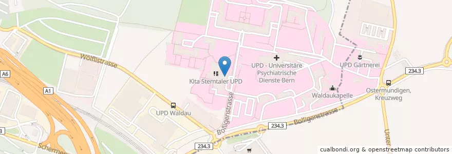 Mapa de ubicacion de Briefeinwurf Ostermundigen, Waldau en Svizzera, Berna, Verwaltungsregion Bern-Mittelland, Verwaltungskreis Bern-Mittelland, Bern.