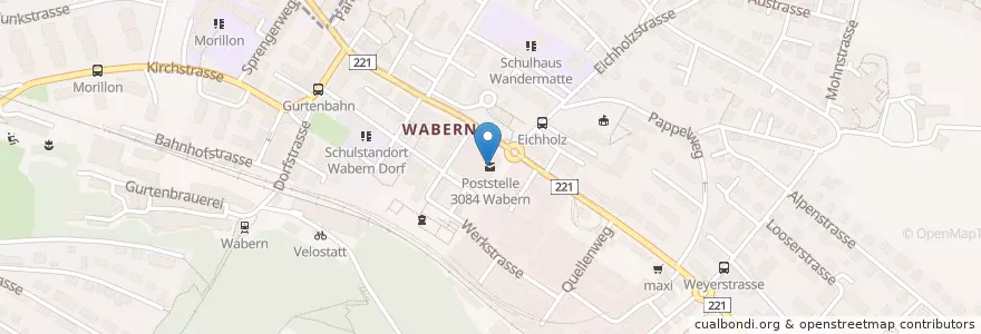 Mapa de ubicacion de Poststelle 3084 Wabern en Svizzera, Berna, Verwaltungsregion Bern-Mittelland, Verwaltungskreis Bern-Mittelland, Köniz.