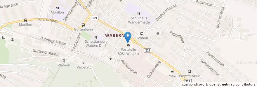 Mapa de ubicacion de Briefeinwurf Wabern, Poststelle Wabern en Schweiz, Bern, Verwaltungsregion Bern-Mittelland, Verwaltungskreis Bern-Mittelland, Köniz.