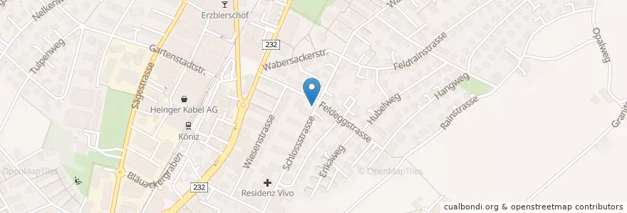Mapa de ubicacion de Briefeinwurf Köniz, Feldeggstrasse en Schweiz/Suisse/Svizzera/Svizra, Bern/Berne, Verwaltungsregion Bern-Mittelland, Verwaltungskreis Bern-Mittelland, Köniz.