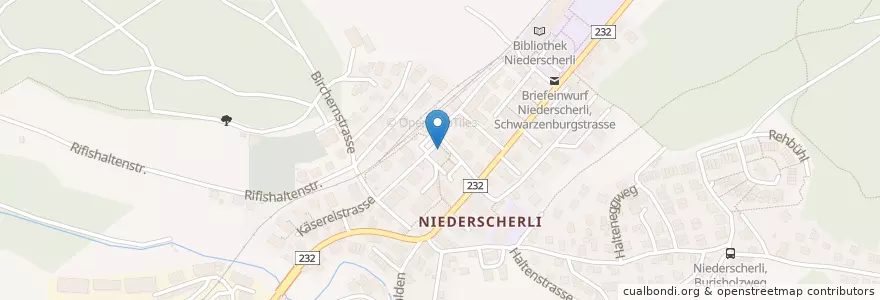 Mapa de ubicacion de Briefeinwurf Niederscherli, Poststelle Niederscherli en Швейцария, Берн, Verwaltungsregion Bern-Mittelland, Verwaltungskreis Bern-Mittelland, Köniz.