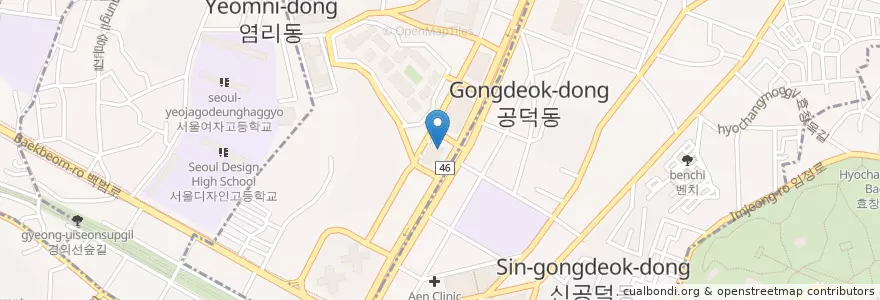 Mapa de ubicacion de 애슐리 공덕역점 en 大韓民国, ソウル, 麻浦区, 공덕동.