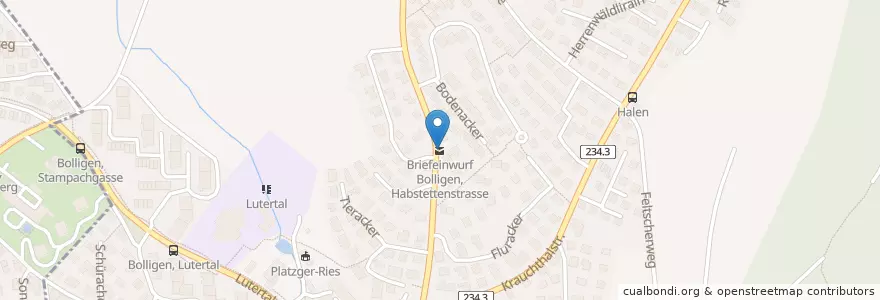 Mapa de ubicacion de Briefeinwurf Bolligen, Habstettenstrasse en Suiza, Berna, Verwaltungsregion Bern-Mittelland, Verwaltungskreis Bern-Mittelland, Bolligen.