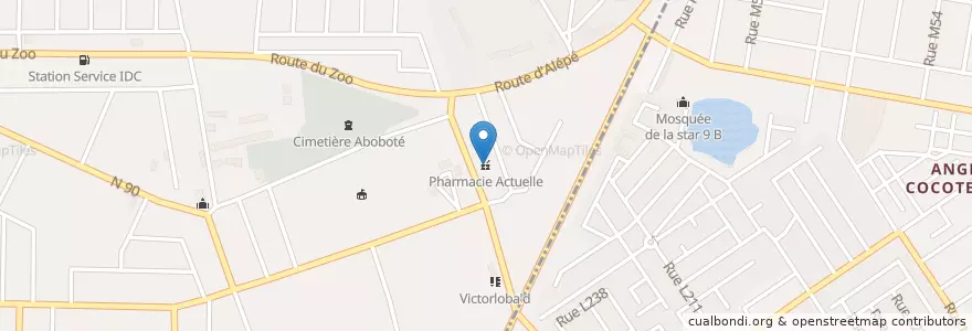 Mapa de ubicacion de Pharmacie Actuelle en Côte D’Ivoire, Abidjan, Cocody, Abobo.