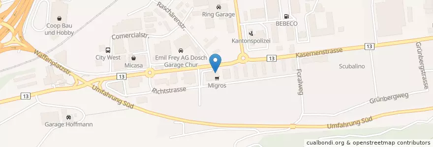Mapa de ubicacion de Migros-Restaurant en Suiza, Grisones, Plessur, Chur.