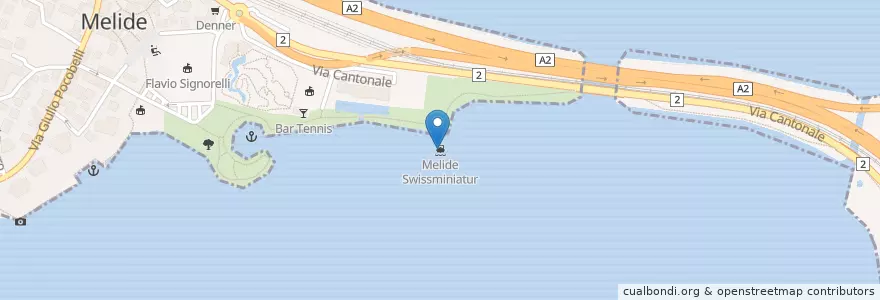 Mapa de ubicacion de Melide Swissminiatur en Schweiz/Suisse/Svizzera/Svizra, Ticino, Distretto Di Lugano, Circolo Di Carona, Melide.