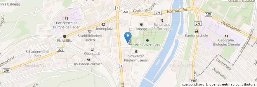 Mapa de ubicacion de Parkhaus Ländli en Zwitserland, Aargau, Bezirk Baden, Baden.