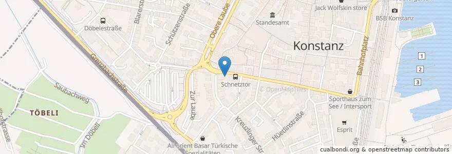 Mapa de ubicacion de Schnetztor-Apotheke en ألمانيا, بادن فورتمبرغ, Bezirk Kreuzlingen, مقاطعة فرايبورغ, Landkreis Konstanz, Kreuzlingen, Verwaltungsgemeinschaft Konstanz, Konstanz.