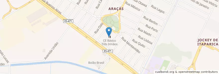 Mapa de ubicacion de CE Básico Três Irmãos en برزیل, منطقه جنوب شرقی برزیل, اسپیریتو سانتو, Região Geográfica Intermediária De Vitória, Região Metropolitana Da Grande Vitória, Vila Velha, Microrregião Vitória.