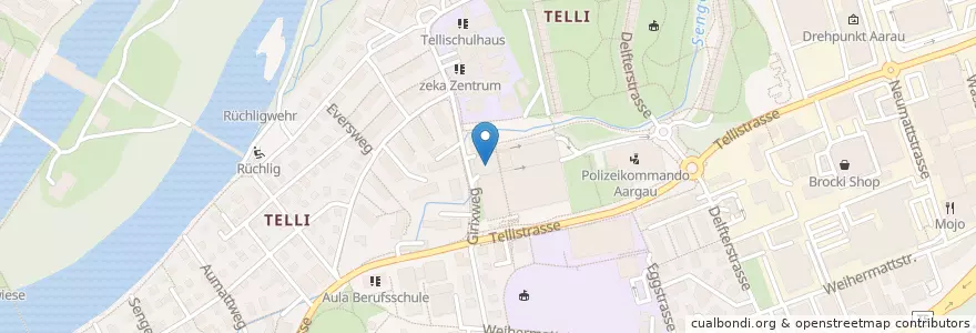 Mapa de ubicacion de Aarau Telli - Einkaufzentrum en Schweiz/Suisse/Svizzera/Svizra, Aargau, Bezirk Aarau, Aarau.