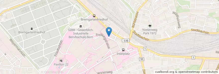 Mapa de ubicacion de Bern Inselareal / Murtenstrasse en 瑞士, 伯尔尼, Verwaltungsregion Bern-Mittelland, Verwaltungskreis Bern-Mittelland, Bern.