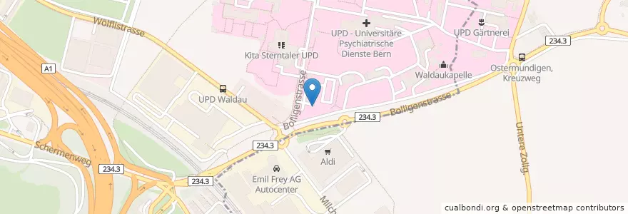 Mapa de ubicacion de Bern Waldau / Bolligenstrasse en Schweiz/Suisse/Svizzera/Svizra, Bern/Berne, Verwaltungsregion Bern-Mittelland, Verwaltungskreis Bern-Mittelland, Bern.