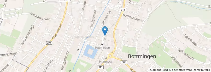Mapa de ubicacion de Bottmingen Buswendeschleife en Svizzera, Basilea Campagna, Bezirk Arlesheim, Bottmingen.